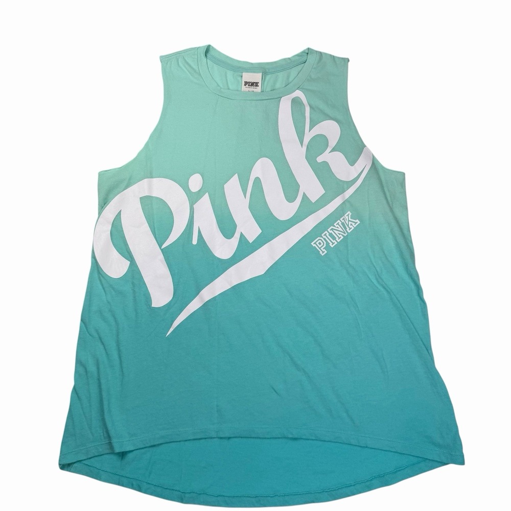 Victoria's Secret PINK Ombré Teal And Blue Tank Top Screen Print Logo Large 2015